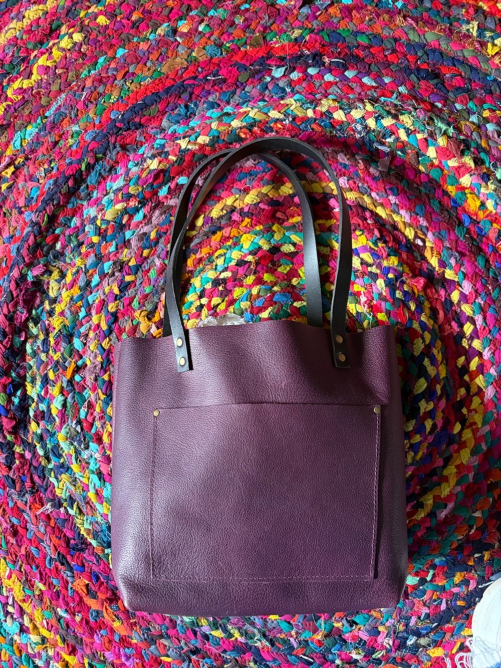 Portland Leather Plum Medium Tote with black straps